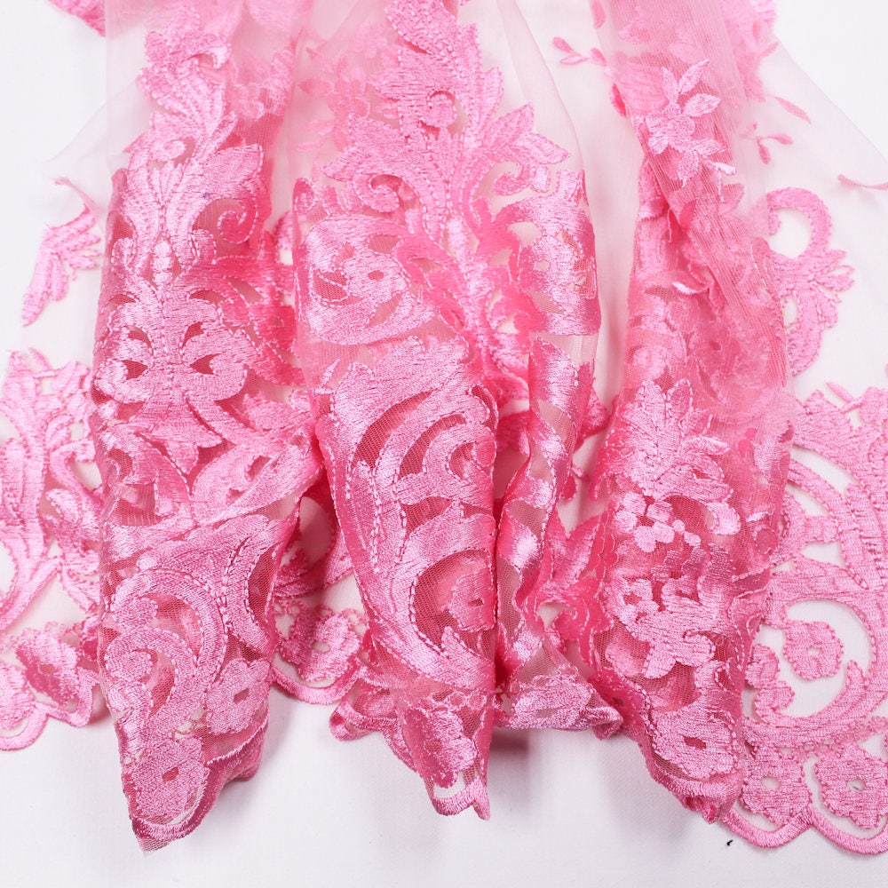 Teagan PINK Damask Design Embroidered on Mesh Lace Fabric by the Yard - 10027