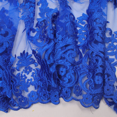 Teagan ROYAL BLUE Damask Design Embroidered on Mesh Lace Fabric by the Yard - 10027