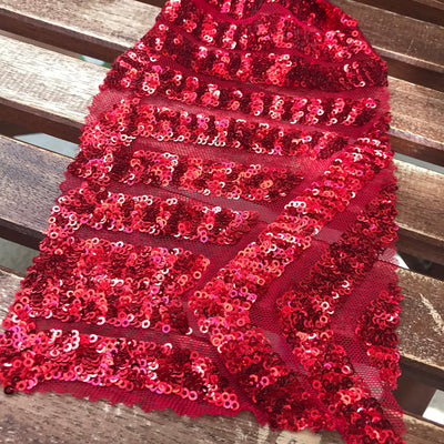 Thea RED Geometric Sequins Diamond & Stripes on Mesh Lace Fabric by the Yard - 10026
