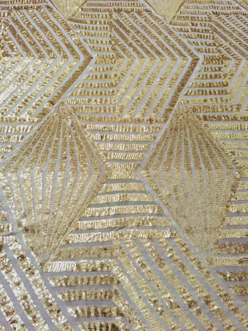 Thea GOLD Geometric Sequins Diamond & Stripes on Mesh Lace Fabric by the Yard - 10026