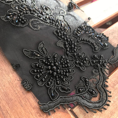 Jayla BLACK Floral Embroidery with Beads and Sequins on Mesh Lace Fabric by the Yard - 10044