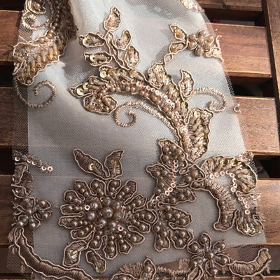 Jayla TAUPE Floral Embroidery with Beads and Sequins on Mesh Lace Fabric by the Yard - 10044
