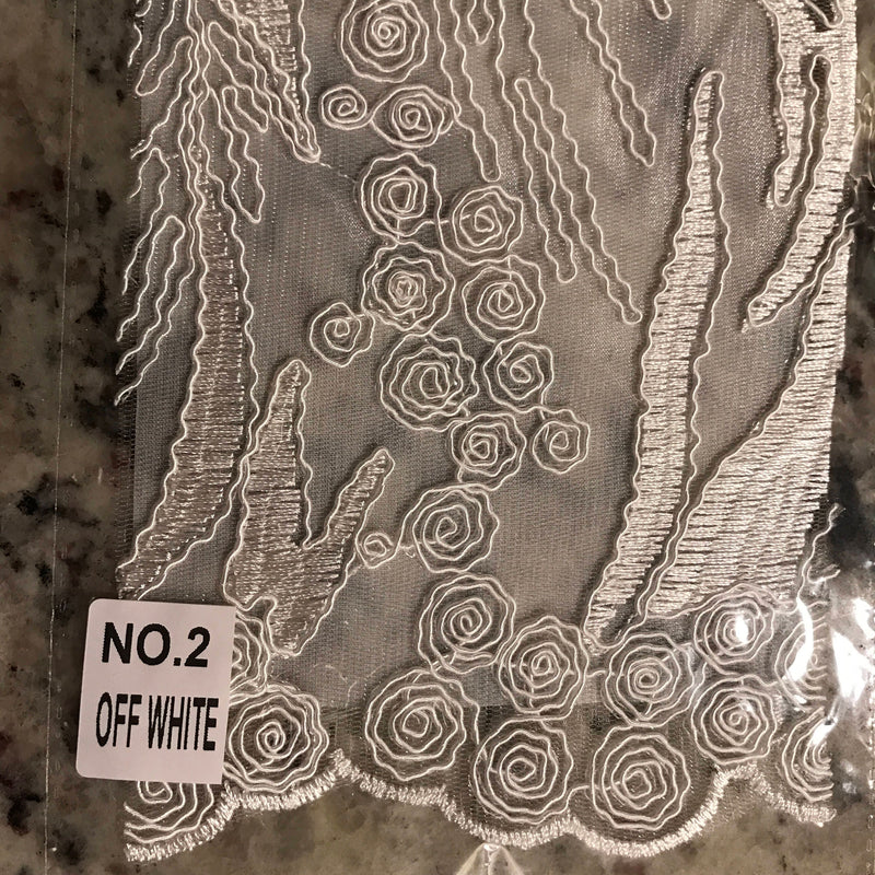 Katelyn IVORY Vines and Swirls Corded Embroidery on Mesh Fabric by the Yard - 10045