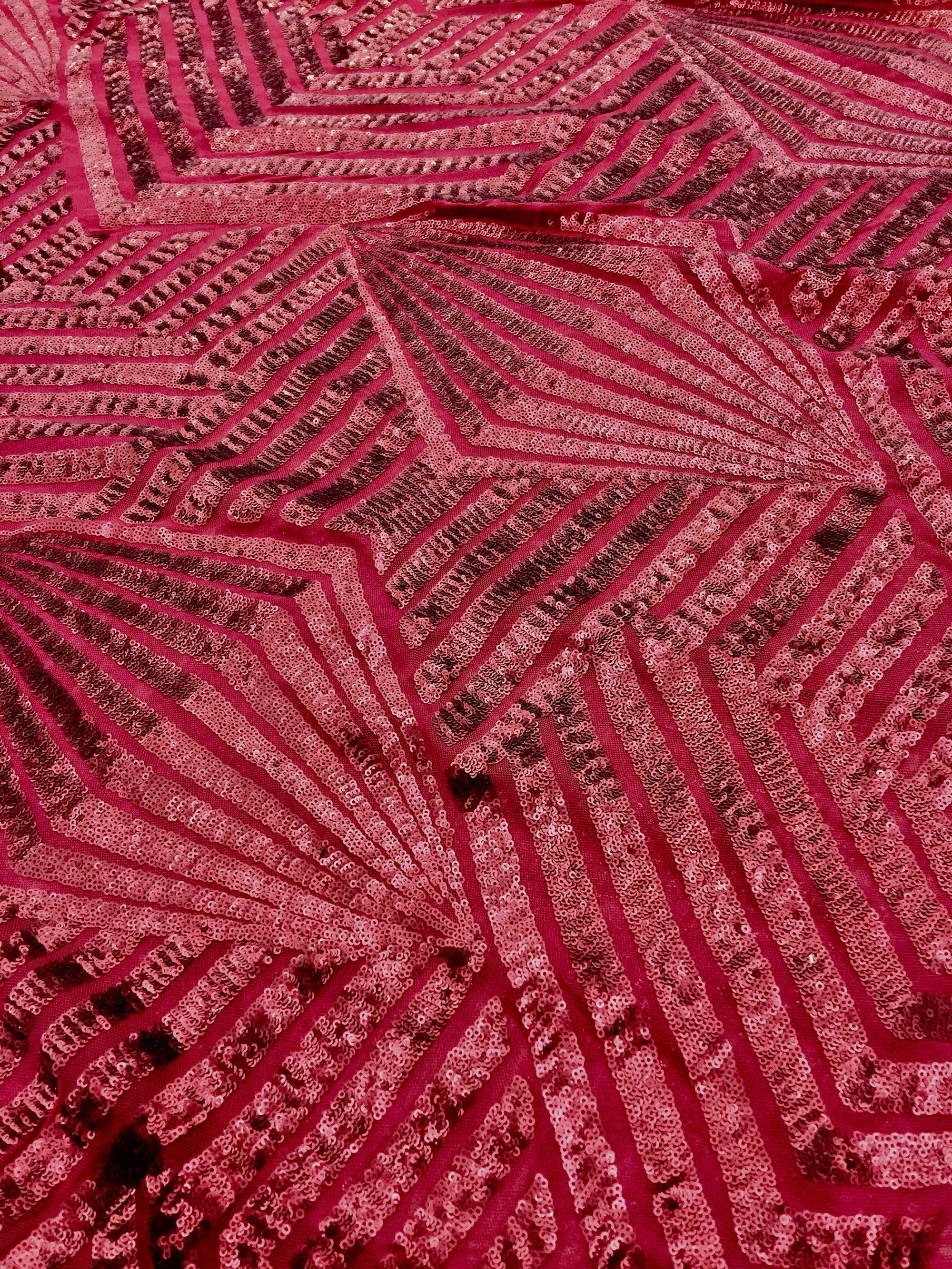 Thea BURGUNDY Geometric Sequins Diamond & Stripes on Mesh Lace Fabric by the Yard - 10026