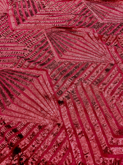 Thea BURGUNDY Geometric Sequins Diamond & Stripes on Mesh Lace Fabric by the Yard - 10026