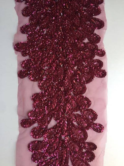 Gracie BURGUNDY Vegas Peacock Beaded Sequins Embroidered on Mesh Lace Fabric by Panel - 10012