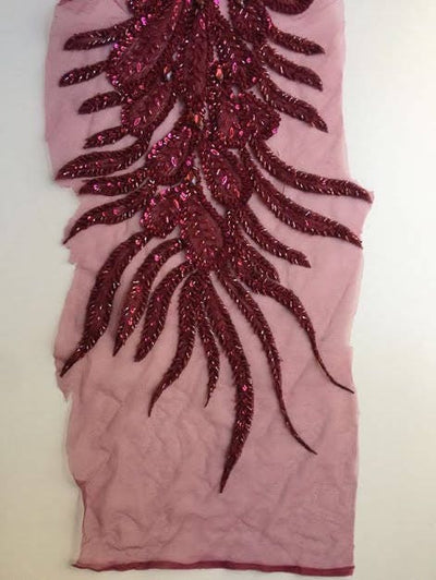Gracie BURGUNDY Vegas Peacock Beaded Sequins Embroidered on Mesh Lace Fabric by Panel - 10012