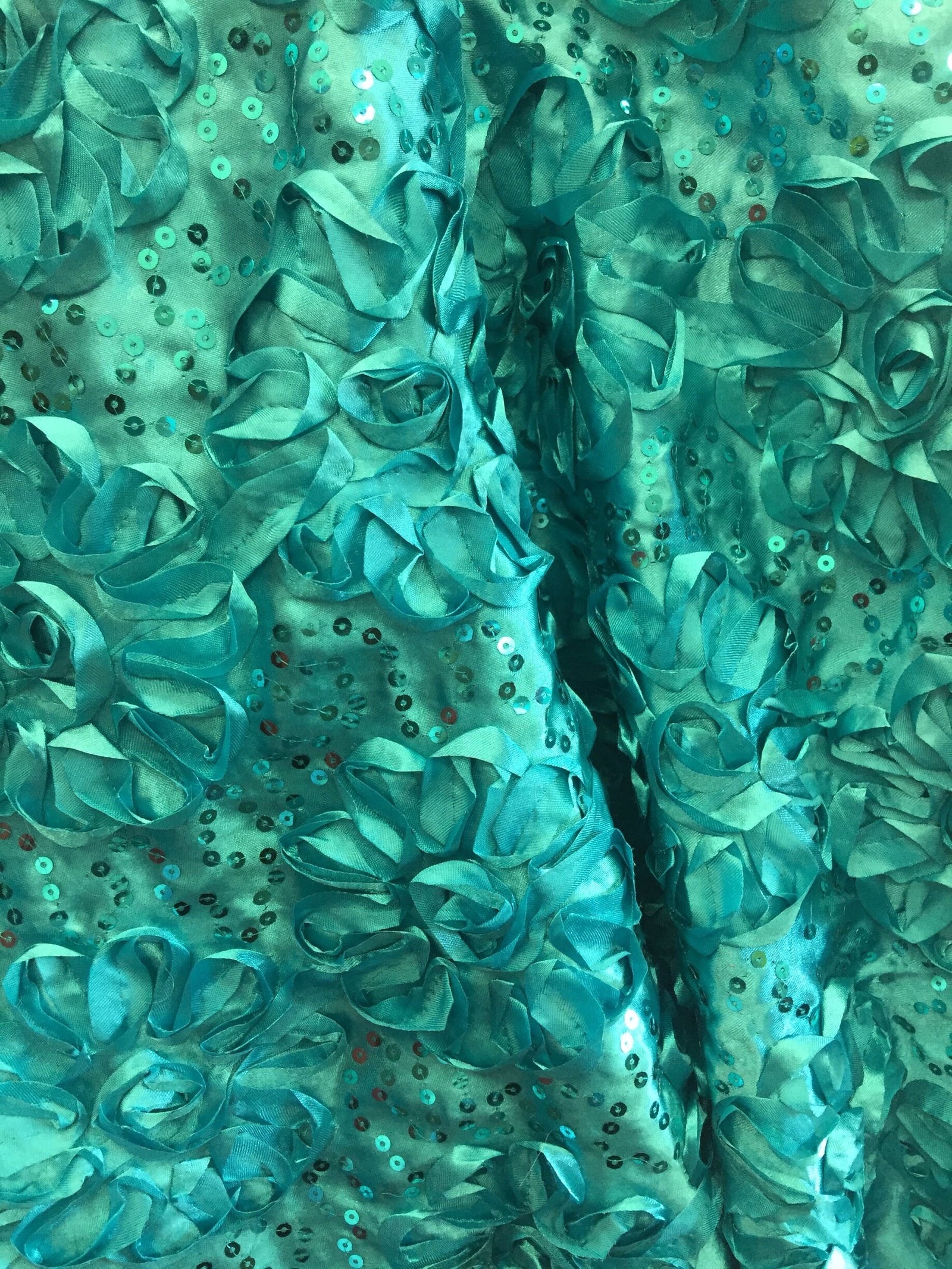 Allie TEAL 3D Floral Polyester Satin Rosette with Sequins Fabric by the Yard - 10051