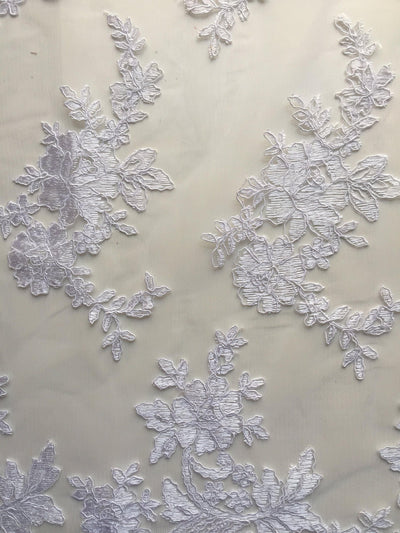 Diana WHITE Polyester Corded Floral Embroidery on Mesh Lace Fabric by the Yard - 10064