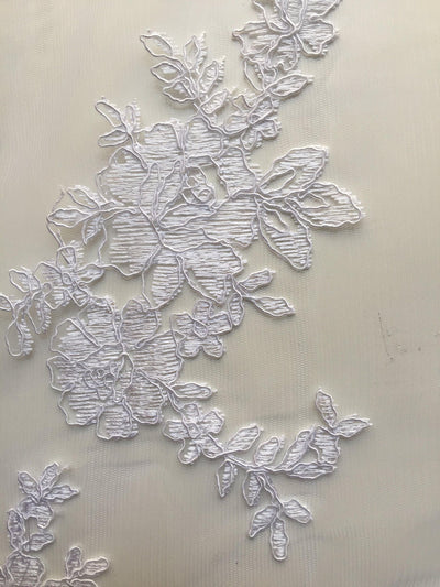 Diana WHITE Polyester Corded Floral Embroidery on Mesh Lace Fabric by the Yard - 10064