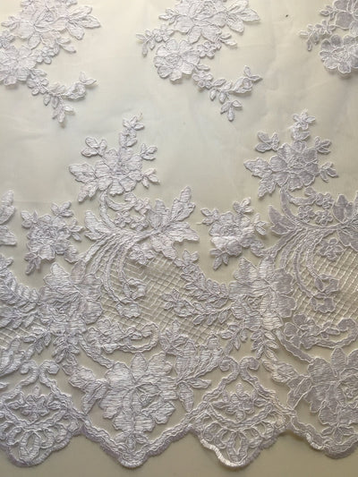 Diana WHITE Polyester Corded Floral Embroidery on Mesh Lace Fabric by the Yard - 10064