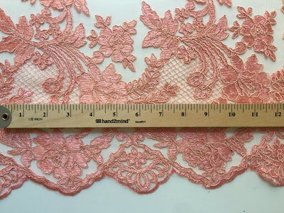 Diana CORAL Polyester Corded Floral Embroidery on Mesh Lace Fabric by the Yard - 10064
