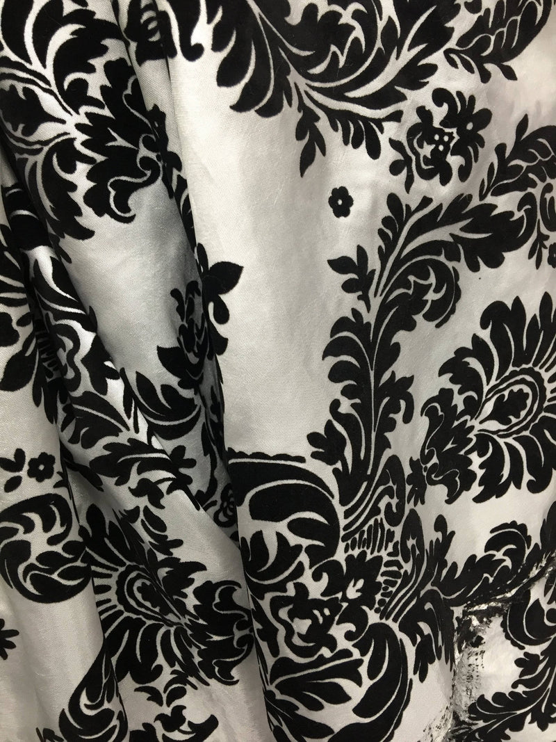 Amanda WHITE Taffeta with Black Velvet Flocked Damask Fabric by the Yard - 10078