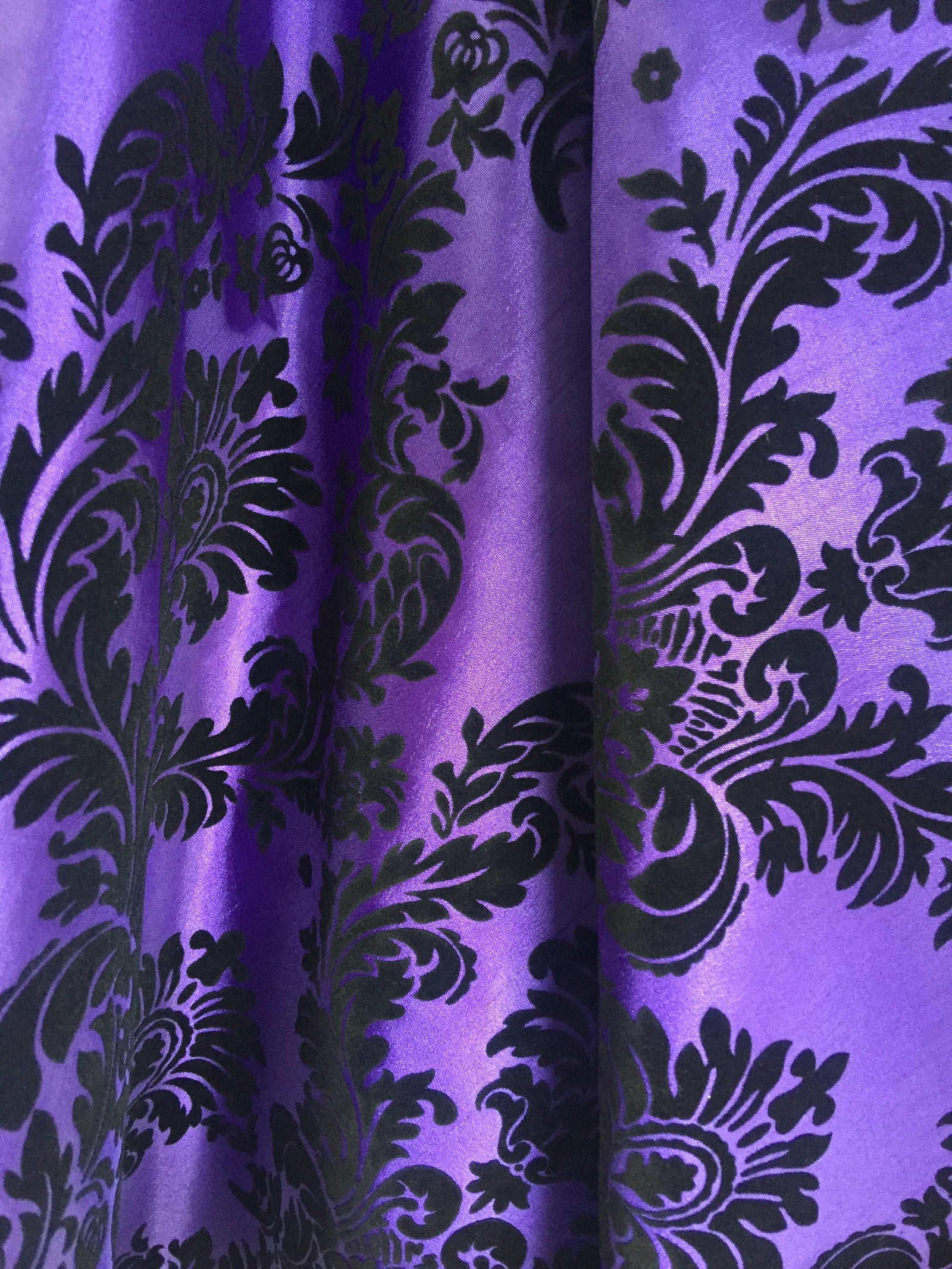 Amanda PURPLE Taffeta with Black Velvet Flocked Damask Fabric by the Yard - 10078