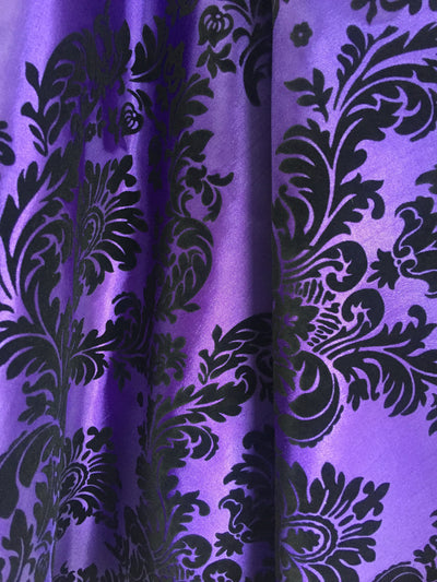 Amanda PURPLE Taffeta with Black Velvet Flocked Damask Fabric by the Yard - 10078