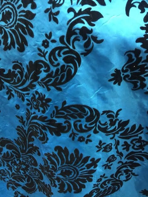 Amanda TURQUOISE Taffeta with Black Velvet Flocked Damask Fabric by the Yard - 10078