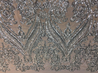 Alaina SILVER Curlicue Sequins on WHITE Mesh Lace Fabric by the Yard - 10018