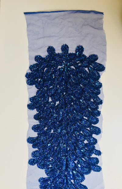 Gracie ROYAL BLUE Vegas Peacock Beaded Sequins Embroidered on Mesh Lace Fabric by Panel - 10012