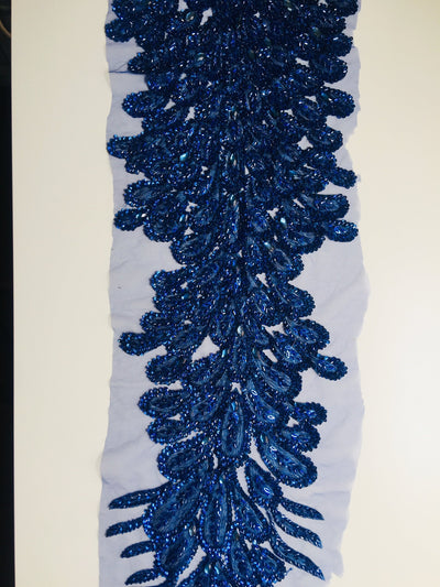 Gracie ROYAL BLUE Vegas Peacock Beaded Sequins Embroidered on Mesh Lace Fabric by Panel - 10012