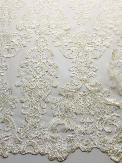 Vivian IVORY Polyester Embroidery with Sequins on Mesh Lace Fabric by the Yard for Gown, Wedding, Bridesmaid, Prom - 10003