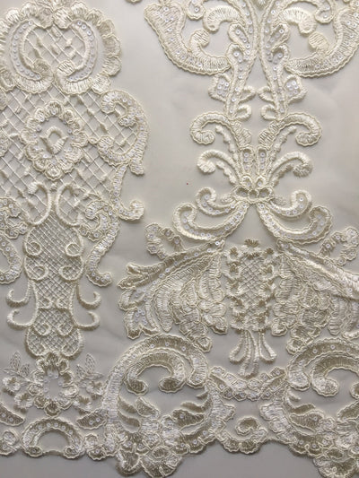 Vivian IVORY Polyester Embroidery with Sequins on Mesh Lace Fabric by the Yard for Gown, Wedding, Bridesmaid, Prom - 10003