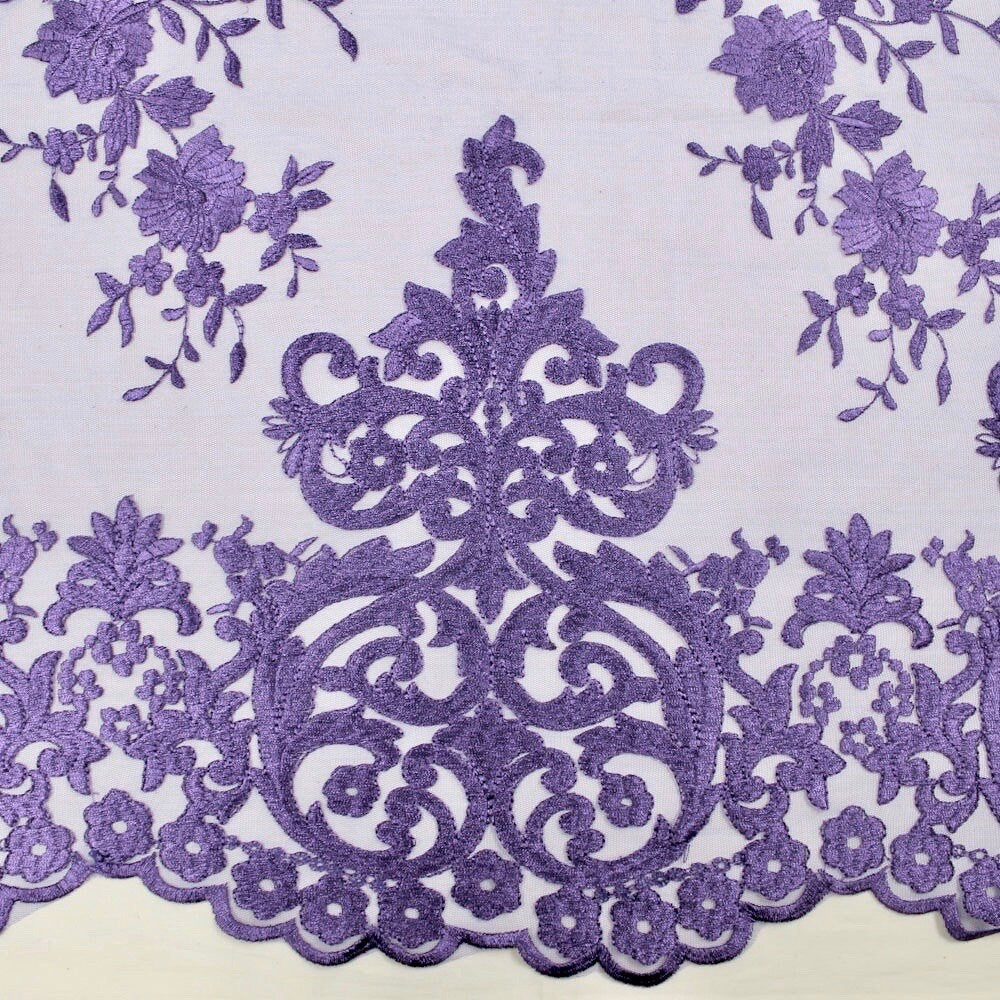 Teagan LAVENDER Damask Design Embroidered on Mesh Lace Fabric by the Yard - 10027