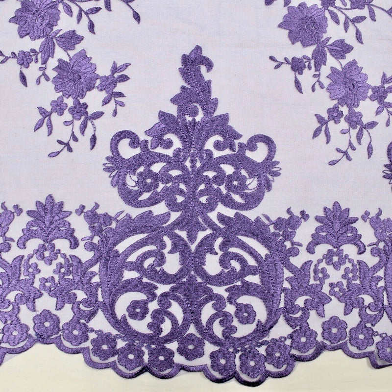 Teagan LAVENDER Damask Design Embroidered on Mesh Lace Fabric by the Yard - 10027
