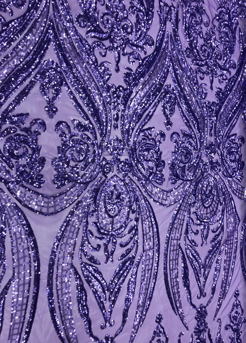 Alaina VIOLET Curlicue Sequins on Mesh Lace Fabric by the Yard - 10018