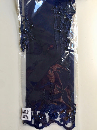 Kelsey NAVY BLUE Floral Beaded Lace Embroidery on Mesh Fabric by the Yard - 10093