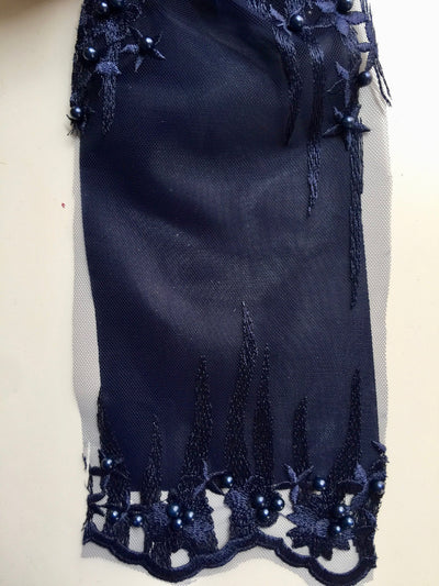 Kelsey NAVY BLUE Floral Beaded Lace Embroidery on Mesh Fabric by the Yard - 10093