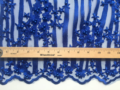 Kelsey ROYAL BLUE Floral Beaded Lace Embroidery on Mesh Fabric by the Yard - 10093