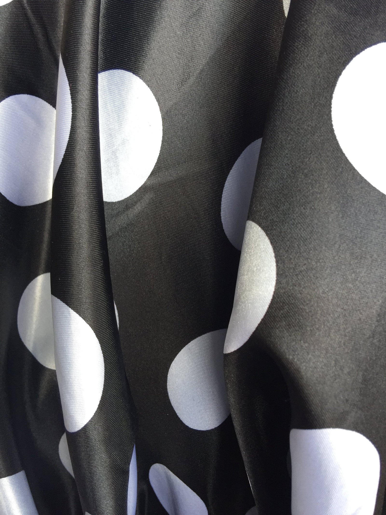 Lana 1.6" WHITE Polka Dots on BLACK Polyester Light Weight Satin Fabric by the Yard - 10071