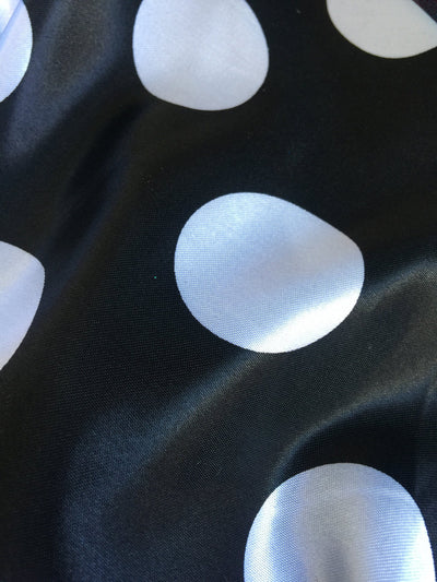 Lana 1.6" WHITE Polka Dots on BLACK Polyester Light Weight Satin Fabric by the Yard - 10071