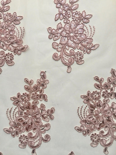Brianna OLD ROSE Polyester Floral Embroidery with Sequins on Mesh Lace Fabric by the Yard - 10020