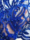 Sabrina ROYAL BLUE Faux Pearls Beaded Lace Embroidery on Mesh Fabric by the Yard - 10098