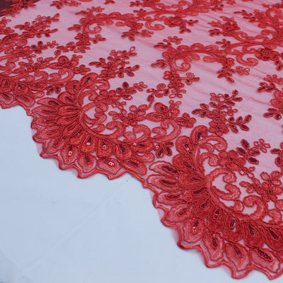 Melody RED Polyester Floral Embroidery with Sequins on Mesh Lace Fabric by the Yard for Gown, Wedding, Bridesmaid, Prom - 10002