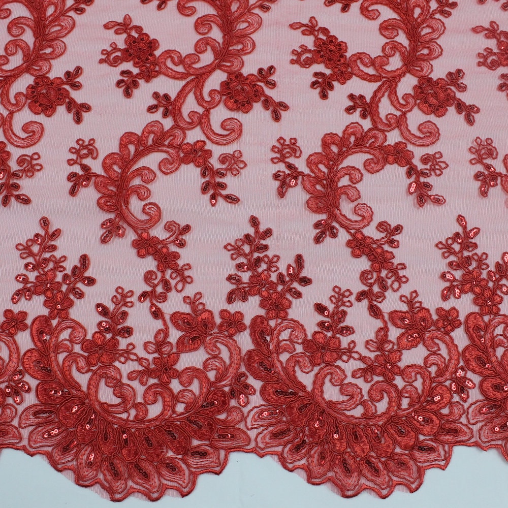 Melody RED Polyester Floral Embroidery with Sequins on Mesh Lace Fabric by the Yard for Gown, Wedding, Bridesmaid, Prom - 10002