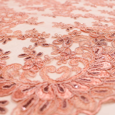 Melody CORAL Polyester Floral Embroidery with Sequins on Mesh Lace Fabric by the Yard for Gown, Wedding, Bridesmaid, Prom - 10002