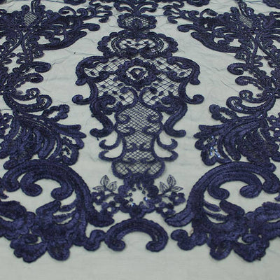 Vivian NAVY BLUE Polyester Embroidery with Sequins on Mesh Lace Fabric by the Yard for Gown, Wedding, Bridesmaid, Prom - 10003