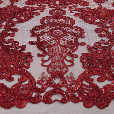 Vivian BURGUNDY Polyester Embroidery with Sequins on Mesh Lace Fabric by the Yard for Gown, Wedding, Bridesmaid, Prom - 10003
