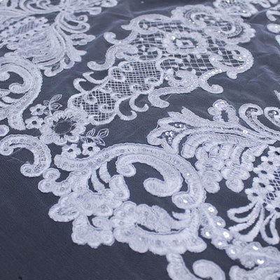 Vivian WHITE Polyester Embroidery with Sequins on Mesh Lace Fabric by the Yard for Gown, Wedding, Bridesmaid, Prom - 10003