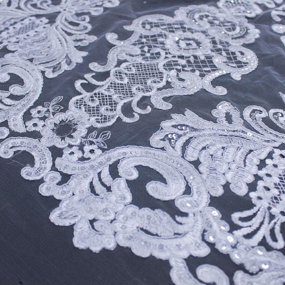 Vivian WHITE Polyester Embroidery with Sequins on Mesh Lace Fabric by the Yard for Gown, Wedding, Bridesmaid, Prom - 10003