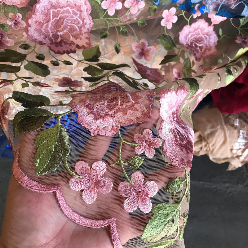 Iris PINK Floral and Leaves Embroidery on Mesh Lace Fabric by the Yard - 10006