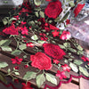 Iris RED Floral and Leaves Embroidery on BLACK Mesh Lace Fabric by the Yard - 10006