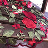 Iris RED Floral and Leaves Embroidery on BLACK Mesh Lace Fabric by the Yard - 10006
