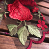 Iris RED Floral and Leaves Embroidery on BLACK Mesh Lace Fabric by the Yard - 10006