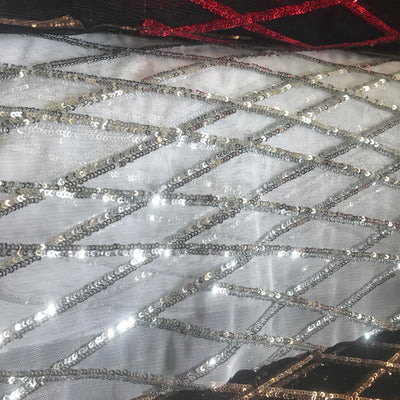 Jordyn SILVER Diamond Sequins on WHITE Mesh Lace Fabric by the Yard - 10008