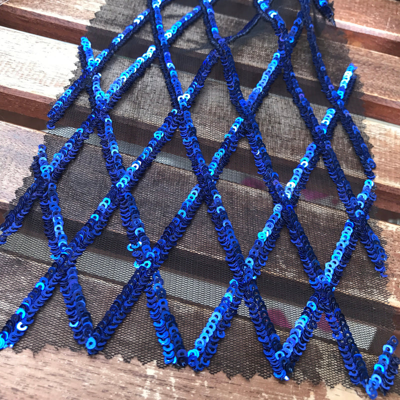 Jordyn ROYAL BLUE Diamond Sequins on BLACK Mesh Lace Fabric by the Yard - 10008