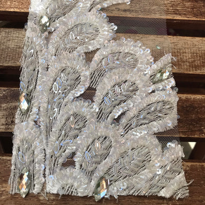 Gracie IVORY Vegas Peacock Beaded Sequins Embroidered on Mesh Lace Fabric by Panel - 10012