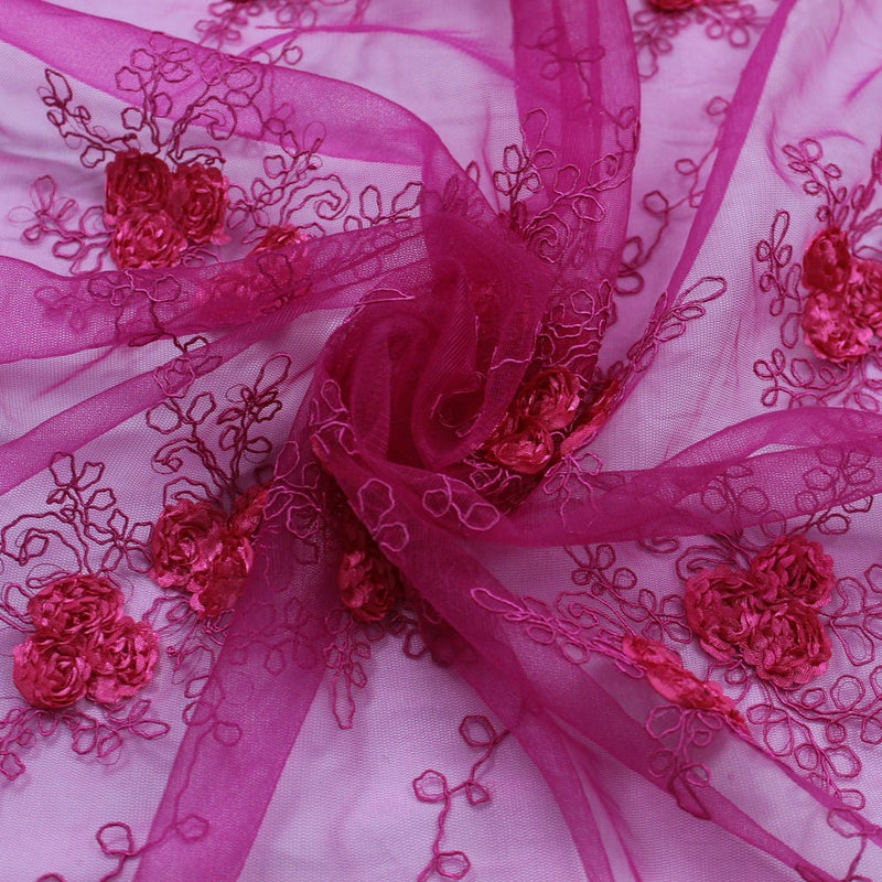 Andrea FUCHSIA 3D Floral Matte Corded Embroidery on Mesh Lace Fabric by the Yard - 10016